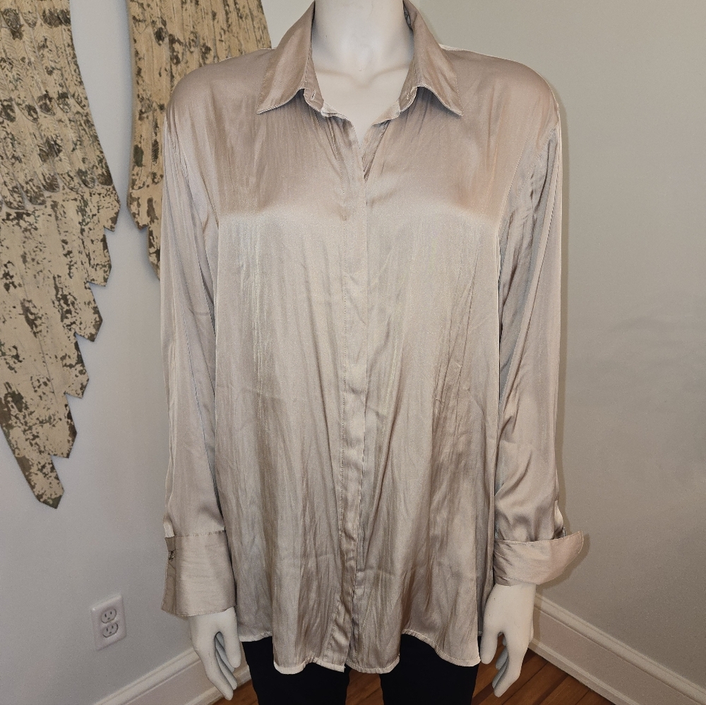 Old Navy Champagne Neutral Satin Long Sleeve Blouse Size Large